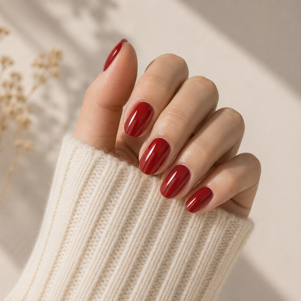 Cherry Noir Glossy Wine Red Almond Press-On Nails on hand