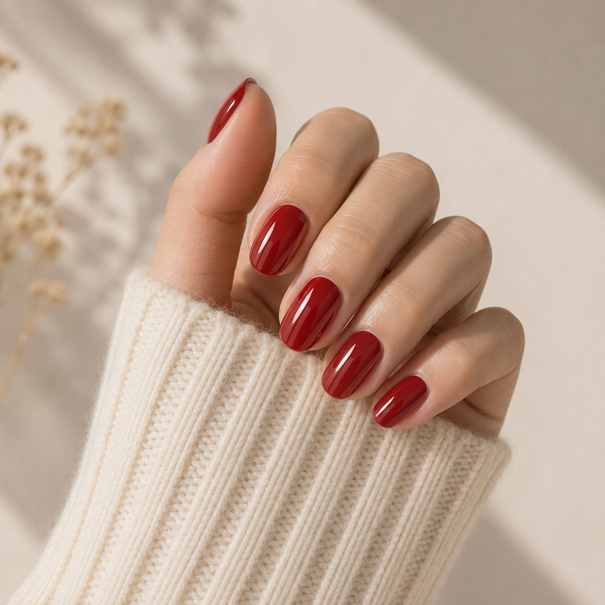 Cherry Noir Glossy Wine Red Almond Press-On Nails on hand