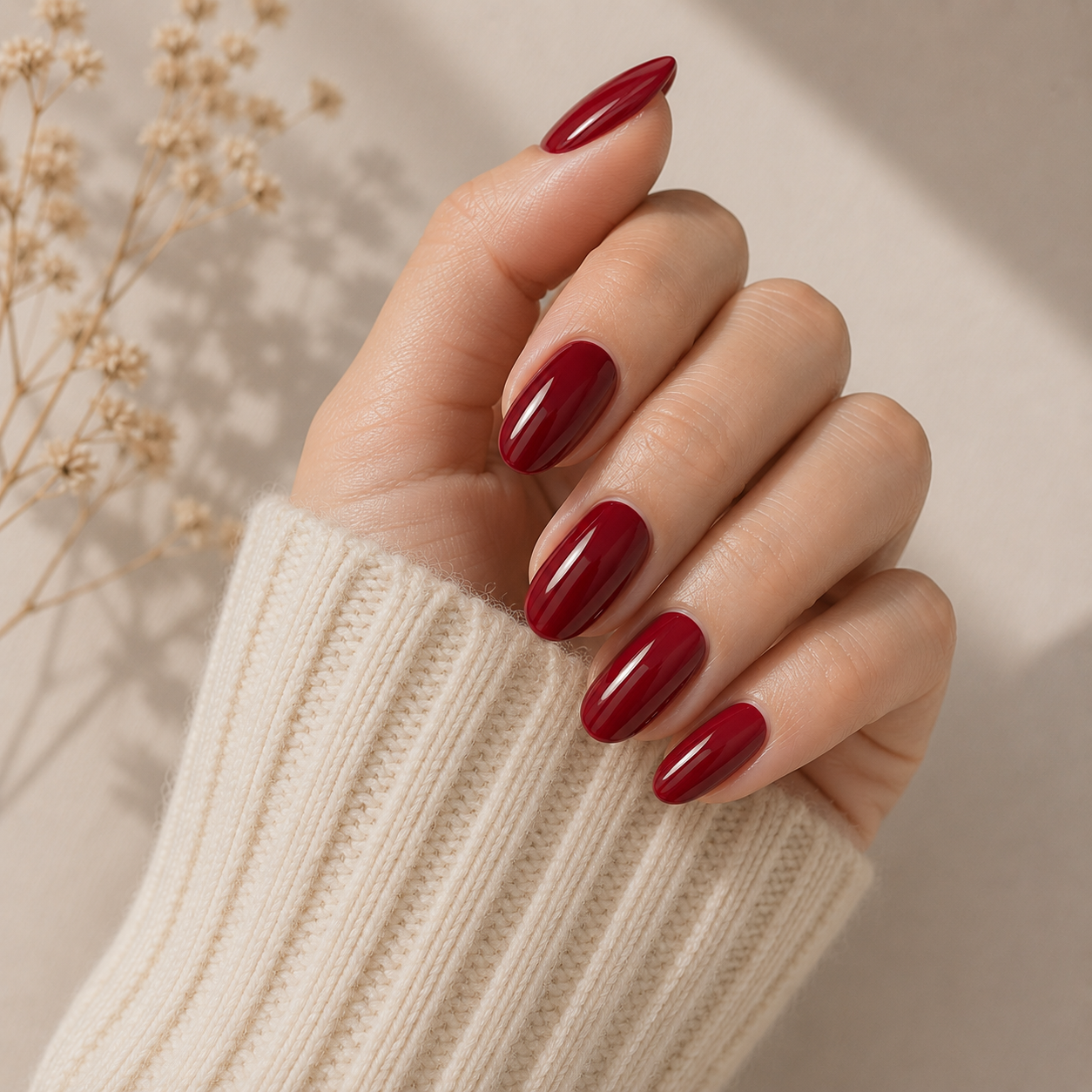 Cherry Noir Glossy Wine Red Almond Press-On Nails applied