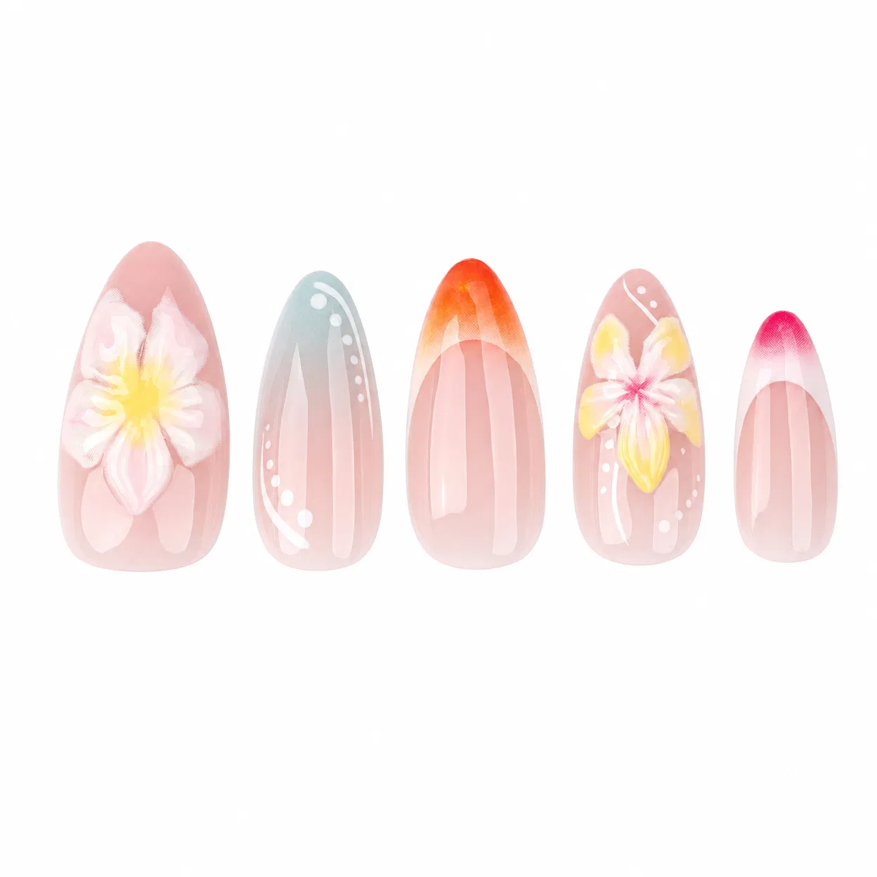 Set of five nail art designs on a white background