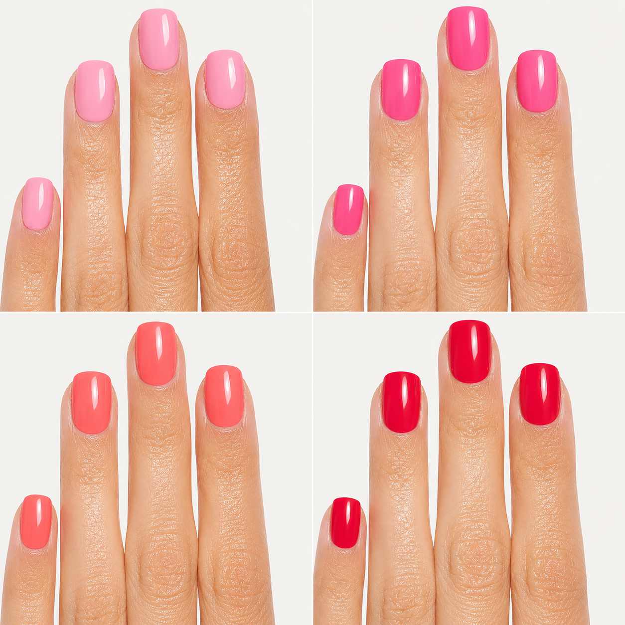 Nailora Pink Essentials Press-On Nail Bundle featuring four glossy short square nail sets in soft pink, hot pink, coral pink, and cherry red shades for everyday wear and seasonal styling.