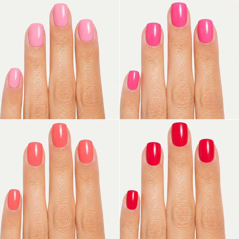Nailora Pink Essentials Press-On Nail Bundle featuring four glossy short square nail sets in soft pink, hot pink, coral pink, and cherry red shades for everyday wear and seasonal styling.