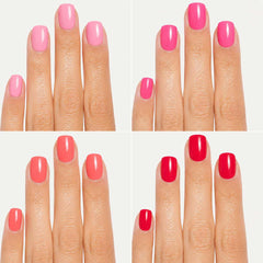 Nailora Pink Essentials Press-On Nail Bundle featuring four glossy short square nail sets in soft pink, hot pink, coral pink, and cherry red shades for everyday wear and seasonal styling.