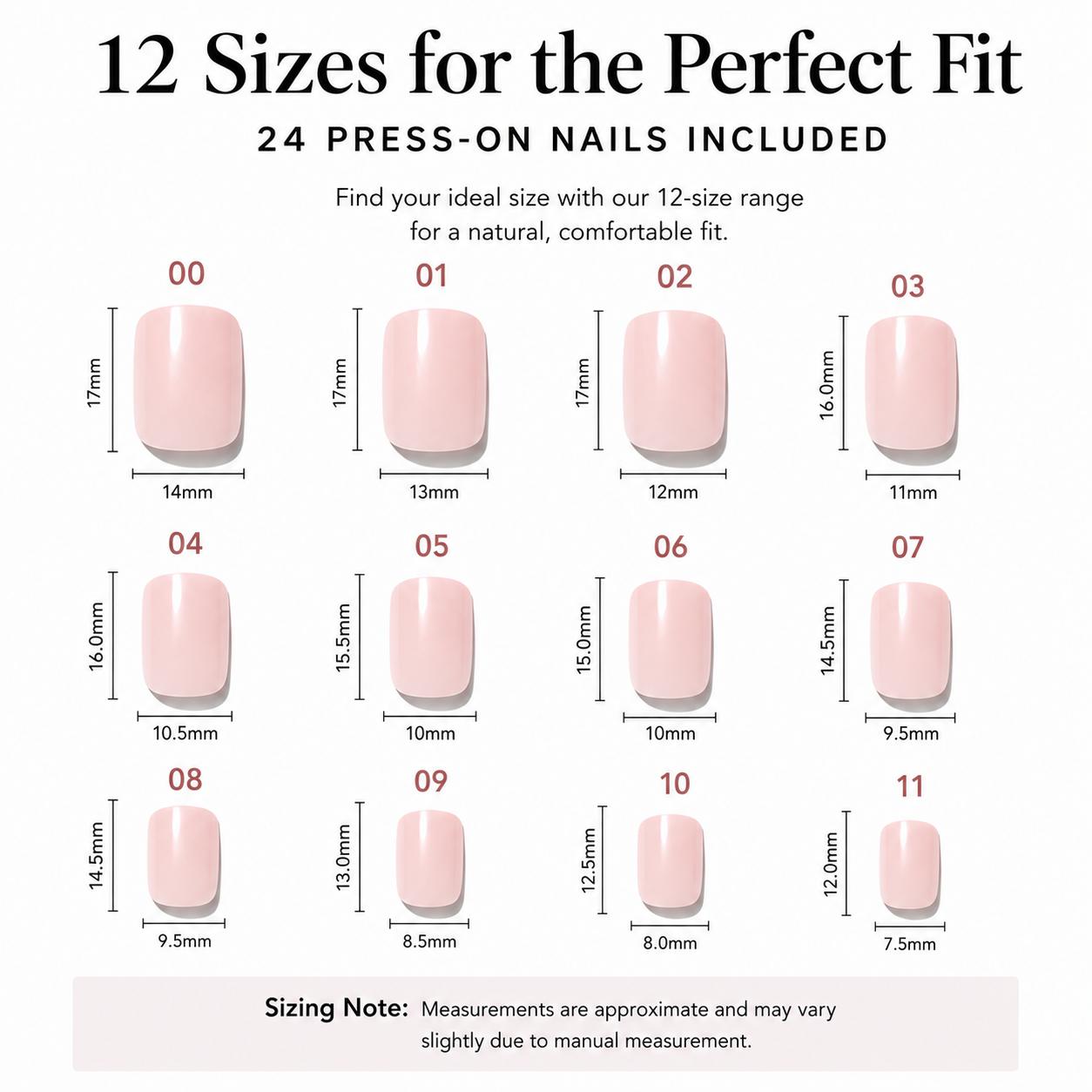 Nailora Press-On Nail Size Guide showing nail size measurements, width chart, sizing reference, and fit guide for reusable press-on nails