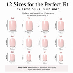 Nailora Press-On Nail Size Guide showing nail size measurements, width chart, sizing reference, and fit guide for reusable press-on nails
