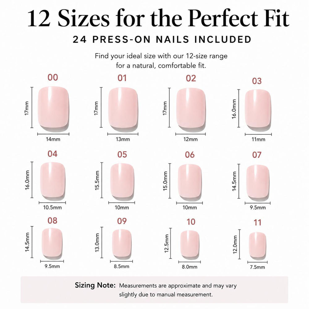 Nailora Press-On Nail Size Guide showing nail size measurements, width chart, sizing reference, and fit guide for reusable press-on nails