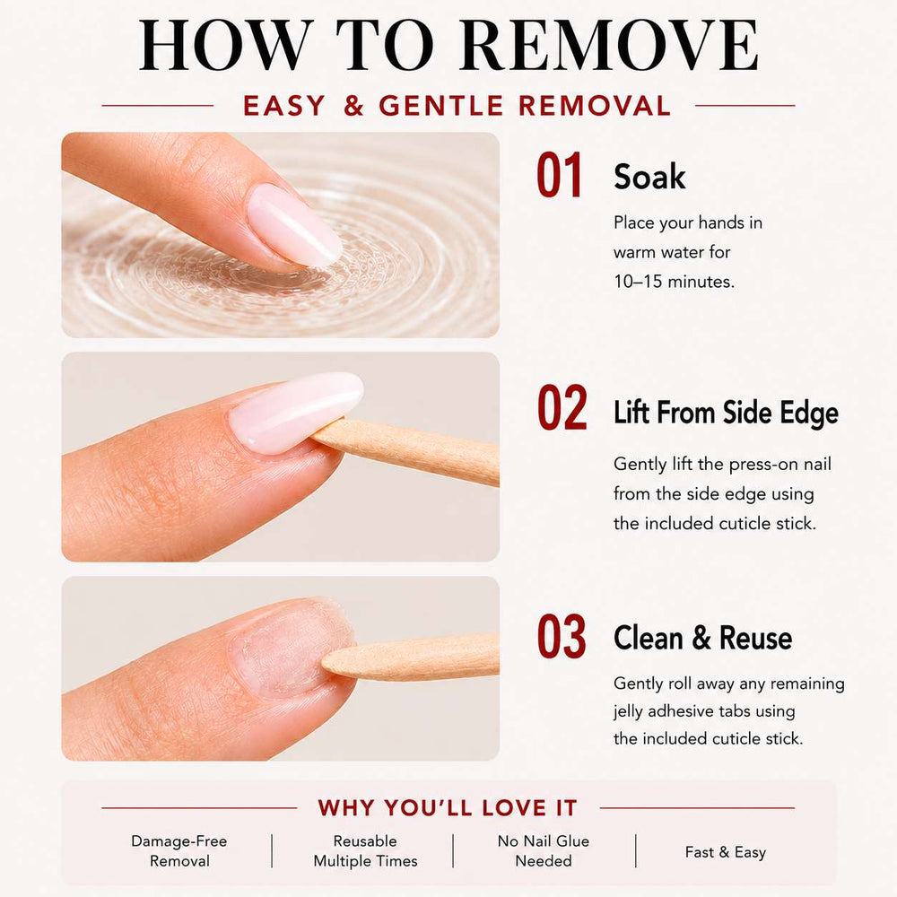 Step-by-step guide on how to remove nail polish with images and text instructions.