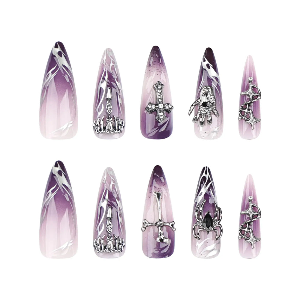 Velvet Inferno Purple Gothic Flame Stiletto Press-On Nails full set