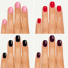 Nailora Timeless Classics Press-On Nail Bundle featuring glossy short square nail sets in soft pink, classic red, black, and deep plum shades for versatile year-round styling.
