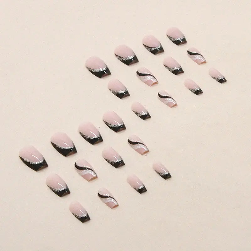 Noir Spark Black Glitter French Stripe Short Square Press-On Nails applied