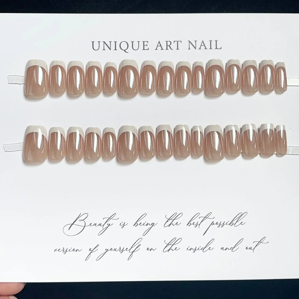 Mirror Veil Nude Chrome French Square Press-On Nails close-up