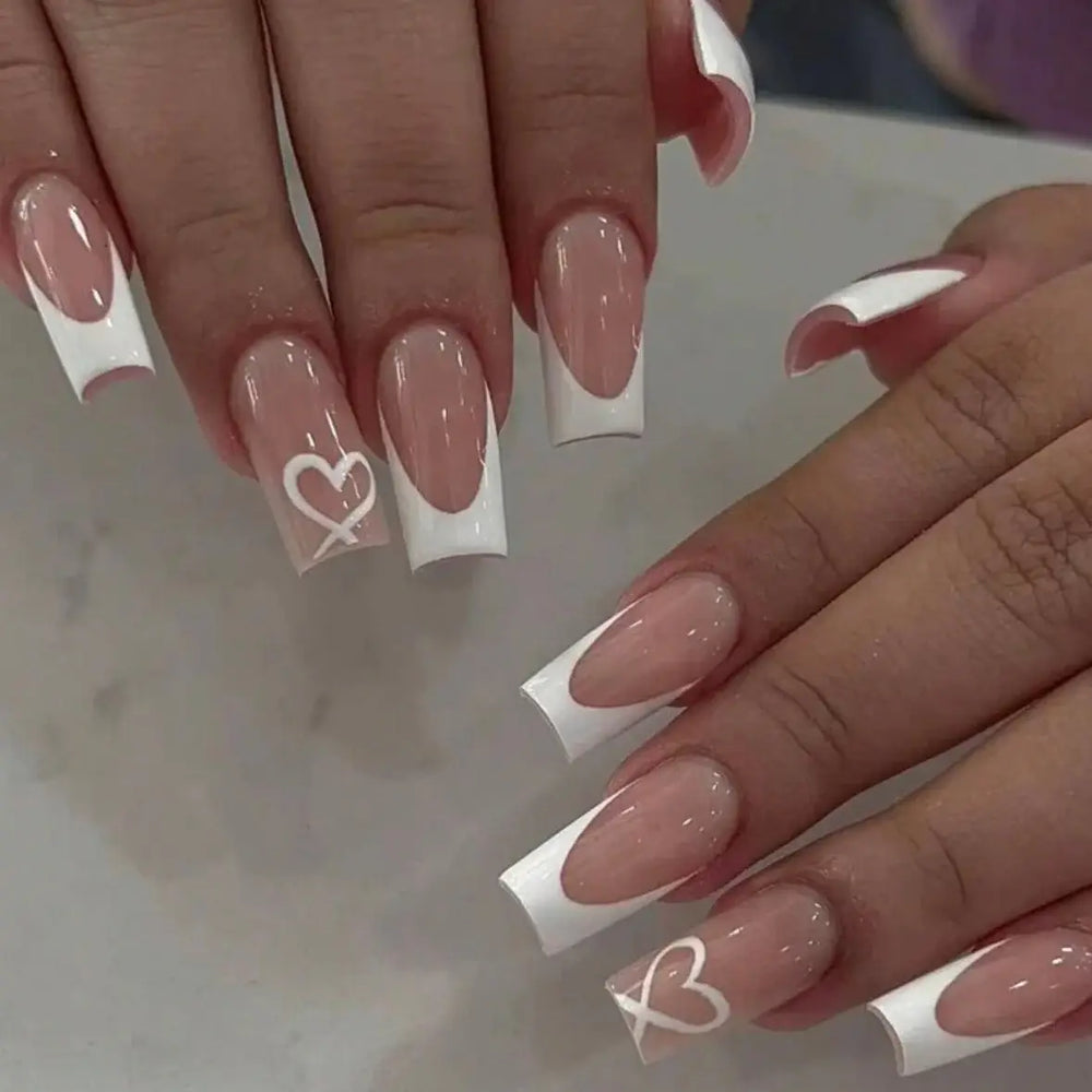 Ivory Crush nude white French square press-on nails with heart detail