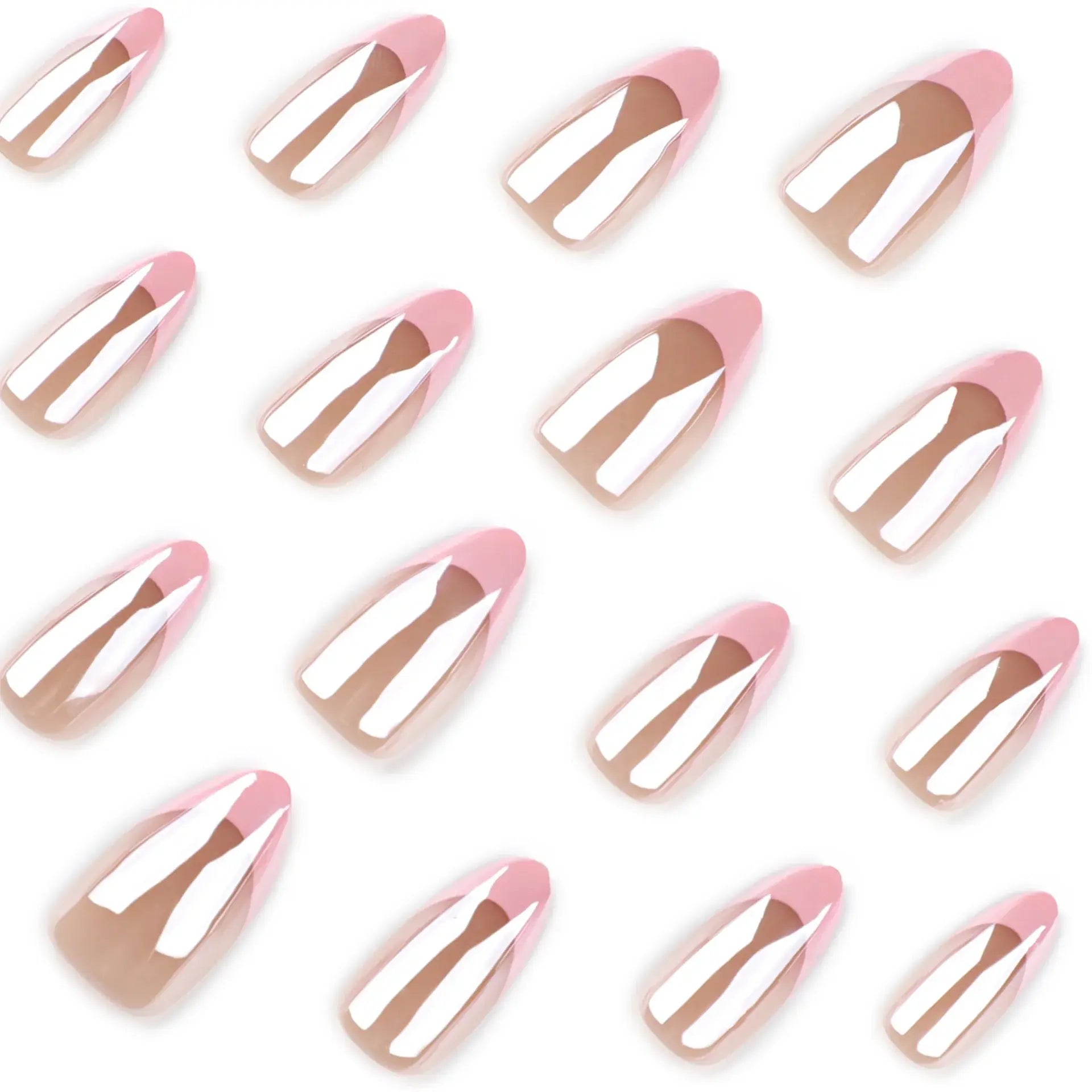 Rosé Chrome press-on nails applied