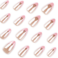 Rosé Chrome press-on nails applied