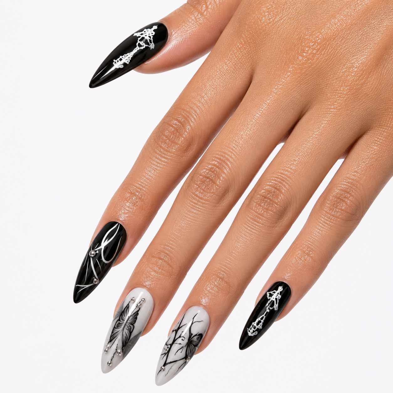 Reusable press-on nails with dark gothic art pattern in long stiletto shape