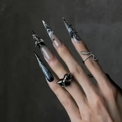 Obsidian Glow Gothic Black Chrome Stiletto Press-On Nails close-up