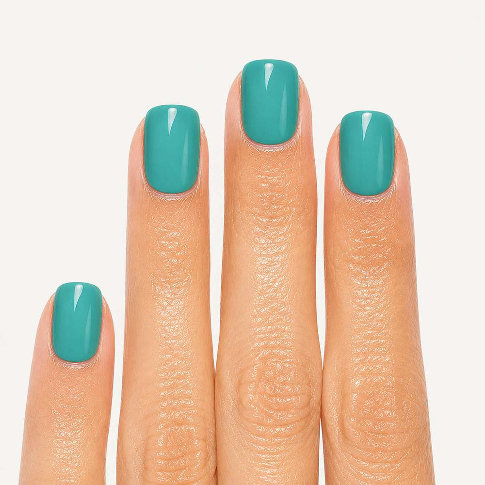 Close-up of Nailora Turquoise Lagoon Glossy Square Press-On Nails highlighting vibrant turquoise color, glossy finish, and premium salon-quality craftsmanship