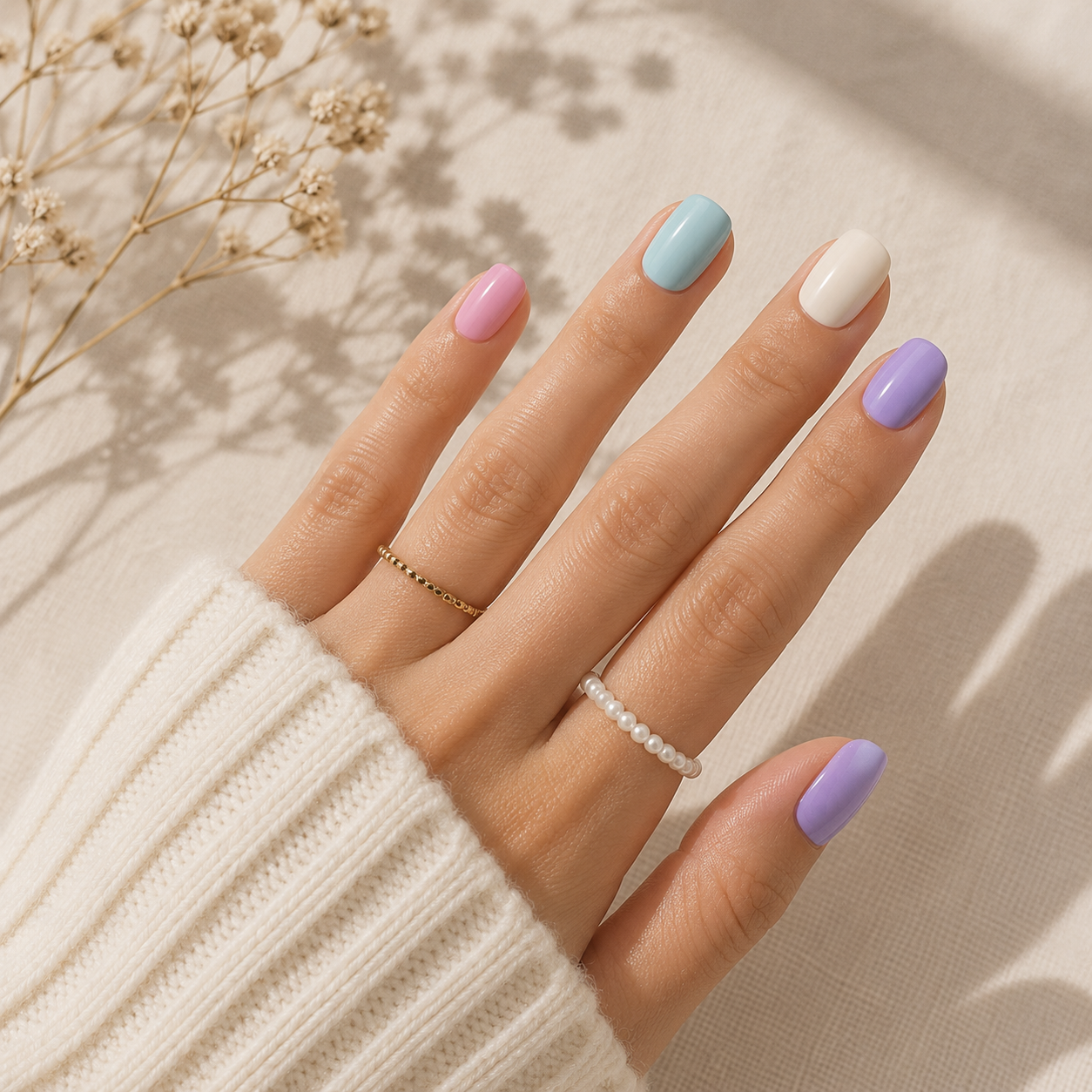 Candy Blush Pink Pastel Glossy Bow Square Press-On Nails on hand