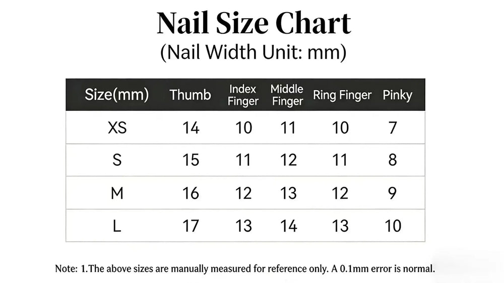 Nailora press-on nail sizing and fit reference