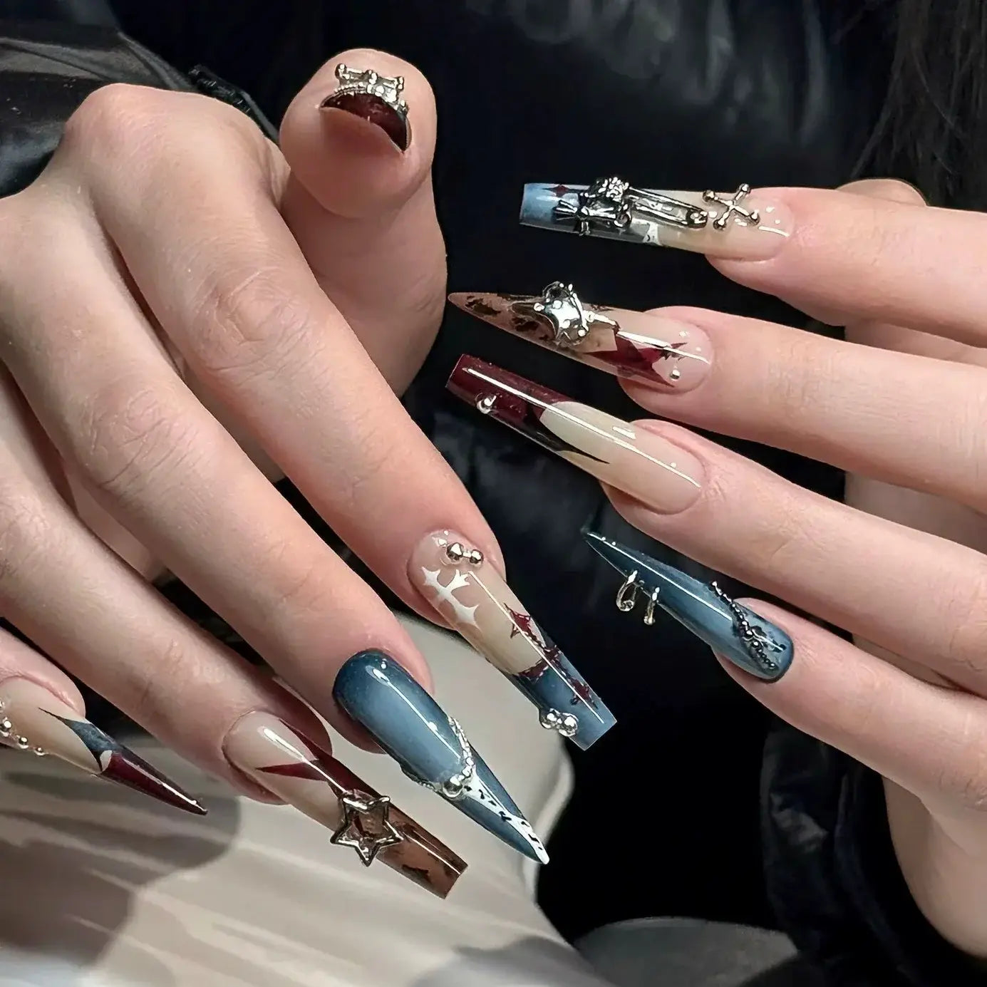 Midnight Saint Black Gothic Star Cross Coffin Stiletto Press-On Nails on hand