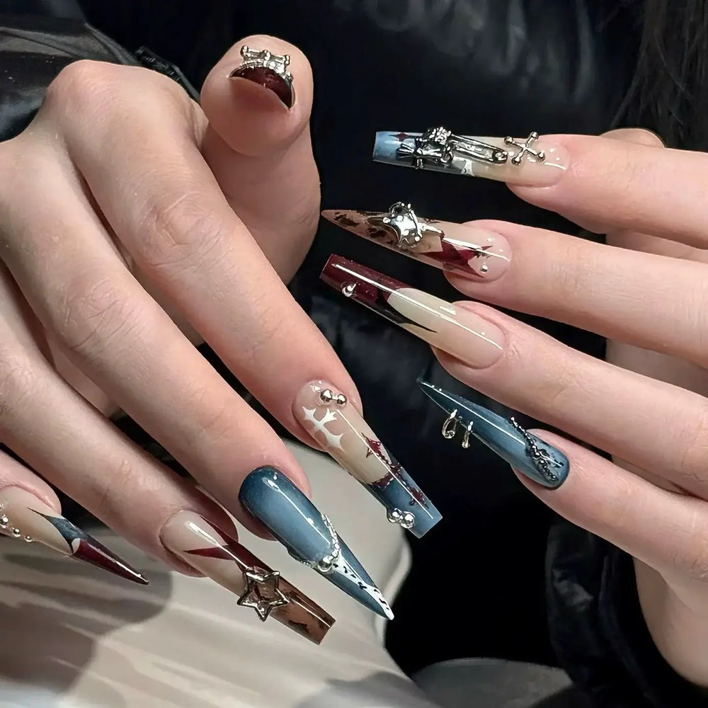 Midnight Saint Black Gothic Star Cross Coffin Stiletto Press-On Nails on hand